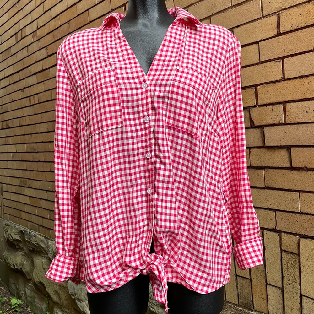 Jones New York pink white gingham front tie top Size Medium